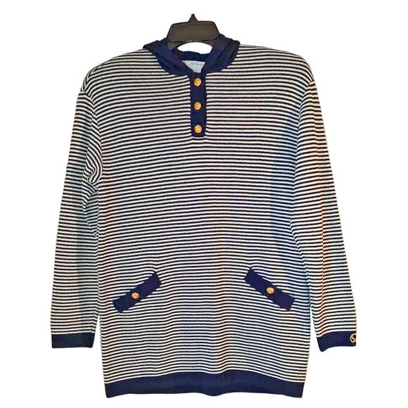 St. John Collection Marie Gray Size S Blue Pullover Sweater Hood pocket Nautical - Picture 1 of 16